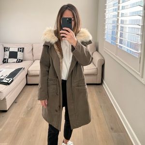 Yves Salomon Classic Long Parka in Cotton in Khaki with Coyote and Rabbit Fur